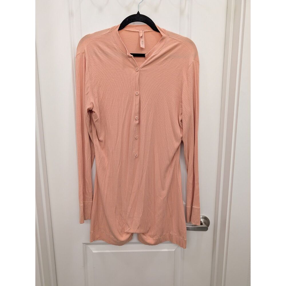 SKIMS Ribbed Henley Romper Peach Pink Long Sleeve Button Front Size XL